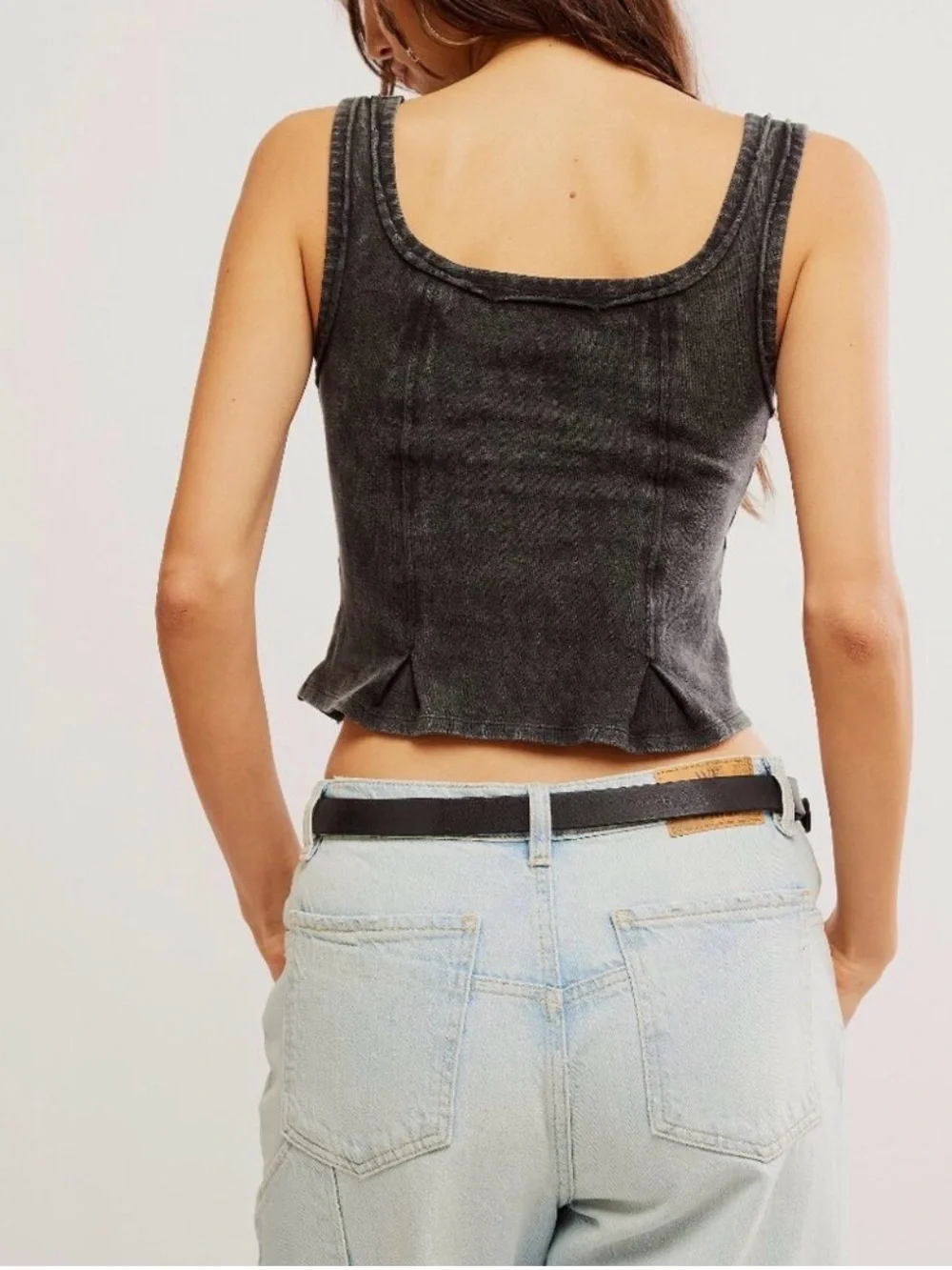 Free People We The Free Roller Tank NWT Black Acid Wash Ruffle Crop Top Medium